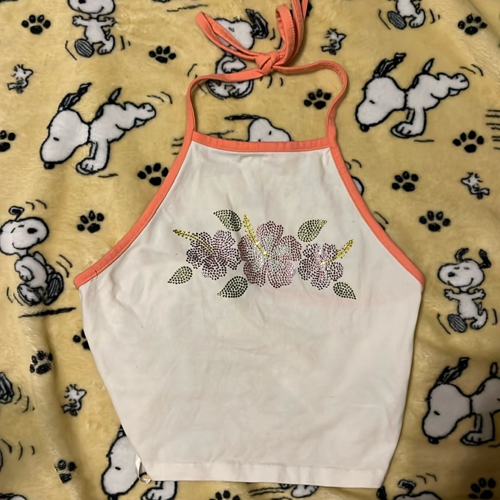Forever 21 Rhinestone Sparkle Shine Hibiscus Flower Summer Colorful Halter Top